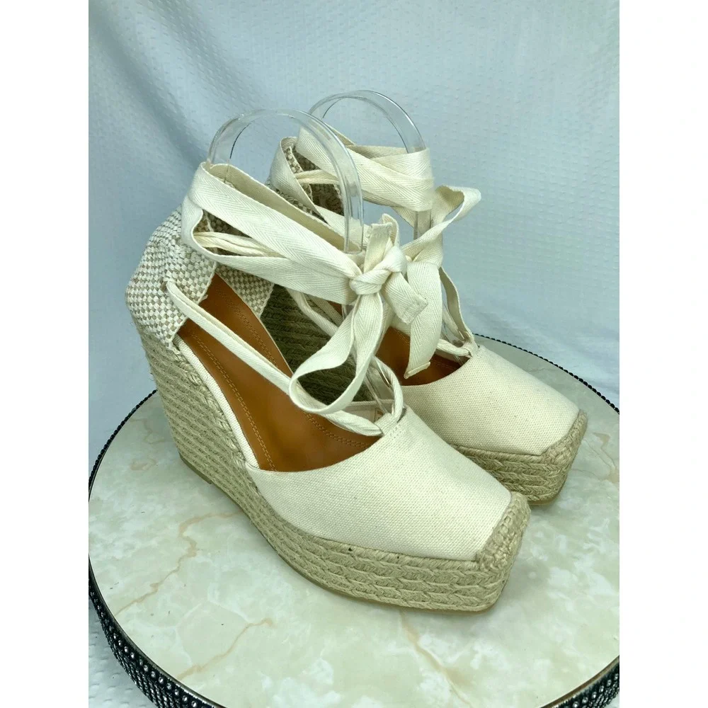 Polo Ralph Lauren Canvas Lace Up Espadrille Wedge Sandals Womens Sz 9 Ivory NWT